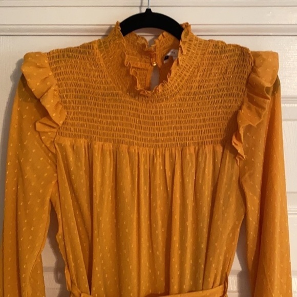 English Factory‎ Swiss Dot Smocked Maxi Dress medium mustard ruffle fall - Picture 4 of 16